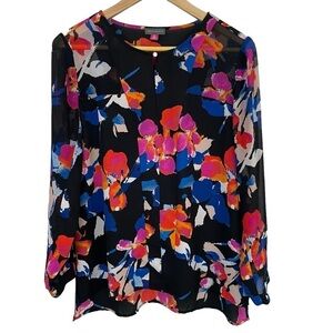 Vince Camuto Floral Chiffon Blouse Womens M Black Multicolour Vibrant Semi-Sheer